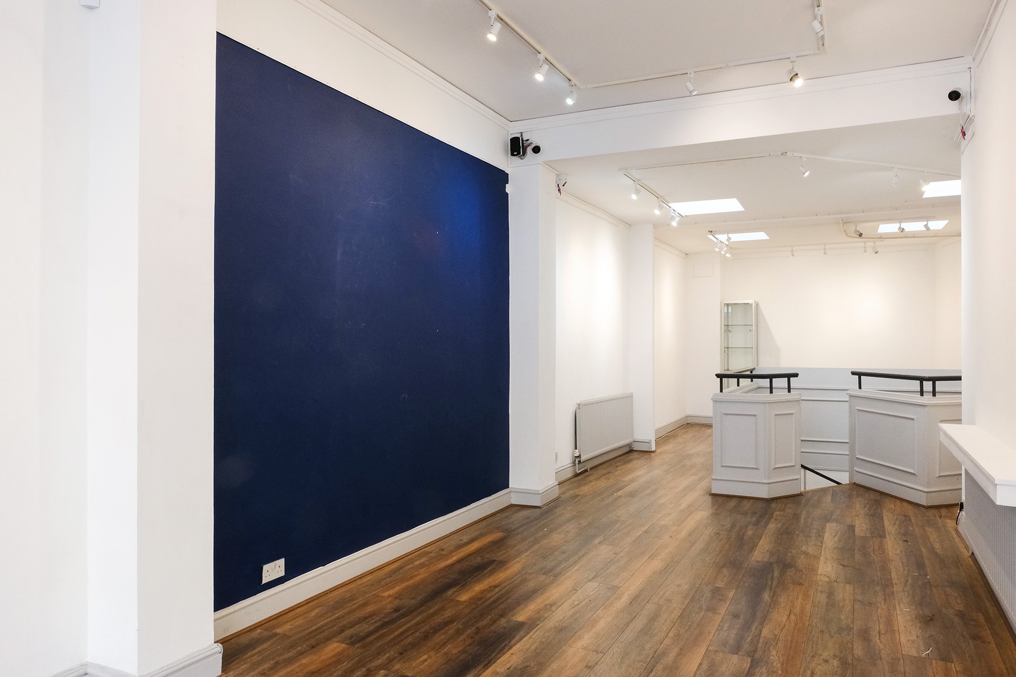 The navy feature wall and display counters